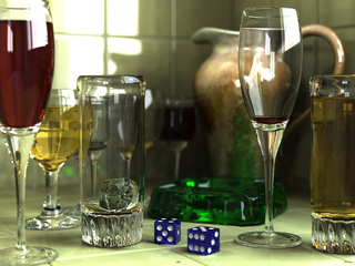This image was created by Gilles Tran with POV-Ray 3.6 using Radiosity. The glasses, ashtray and pitcher were modeled with Rhino and the dice with Cinema 4D.