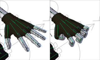 Bones (in green) used to pose a hand. In practice, the bones themselves are often hidden and replaced by more user-friendly objects. In this example from the open source project Blender, these handles (in blue) have been scaled down to bend the fingers. The bones are still controlling the deformation, but the animator only sees the handles.