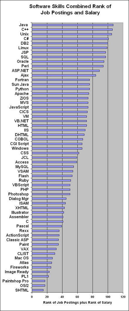 Computer Skills by Postings plus Salary Rankings