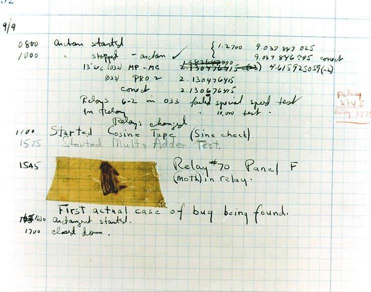 A computer log entry from the Mark II, with a moth taped to the page