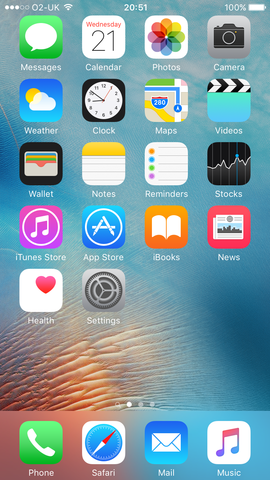 To illustrate the default layout and configuration of the iOS 9 homescreen as released by Apple on an iPhone 6s