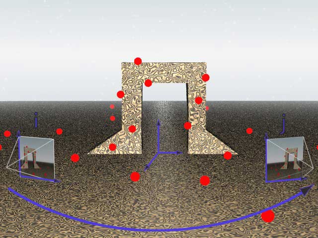 An illustration of feature projection. Around the rendering of a 3D structure, red dots represent points that are chosen by the tracking process. Cameras at frame i and j project the view onto a plane depending on the parameters of the camera. In this way features tracked in 2D correspond to real points