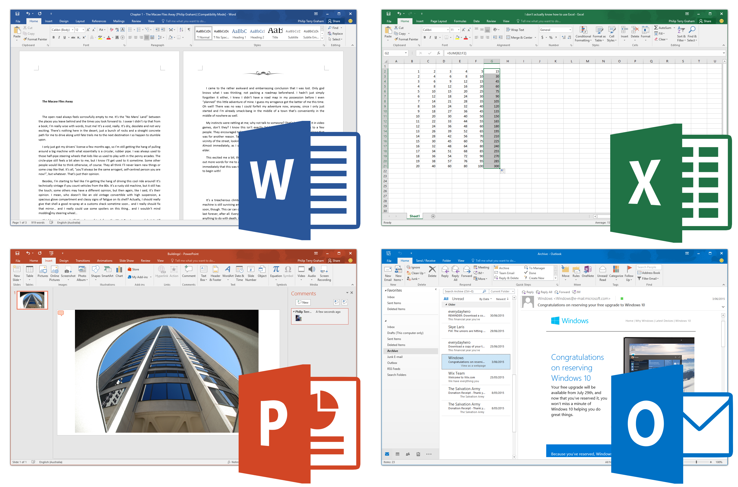 Four screenshots of Microsoft Office 2016 applications running on Windows 10, clockwise from top left: Word, Excel, Outlook and PowerPoint. The apps are being used as per their intentional uses in each of the screenshots, rather than the default starting screens, to illustrate the uses of each of the applications. Each screenshot is accompanied by each of their respective icons, shown in Windows. Used with permission from Microsoft.