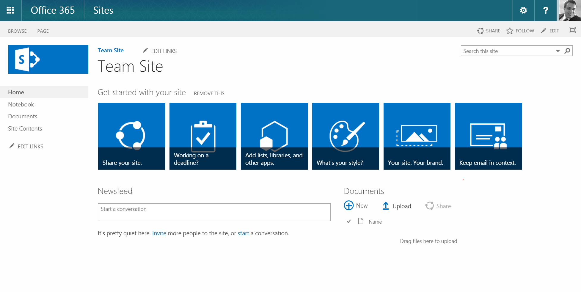 Screenshot of a new Team Site page, generated by Microsoft Sharepoint.