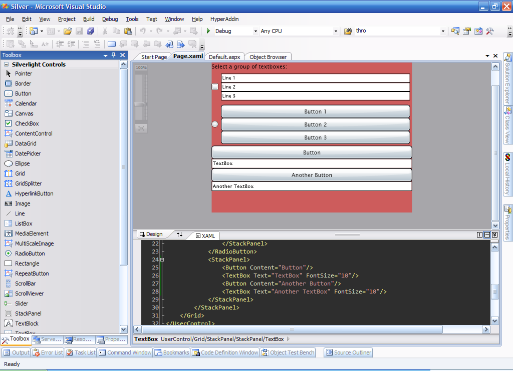 A Silverlight application being edited in Microsoft Visual Studio.